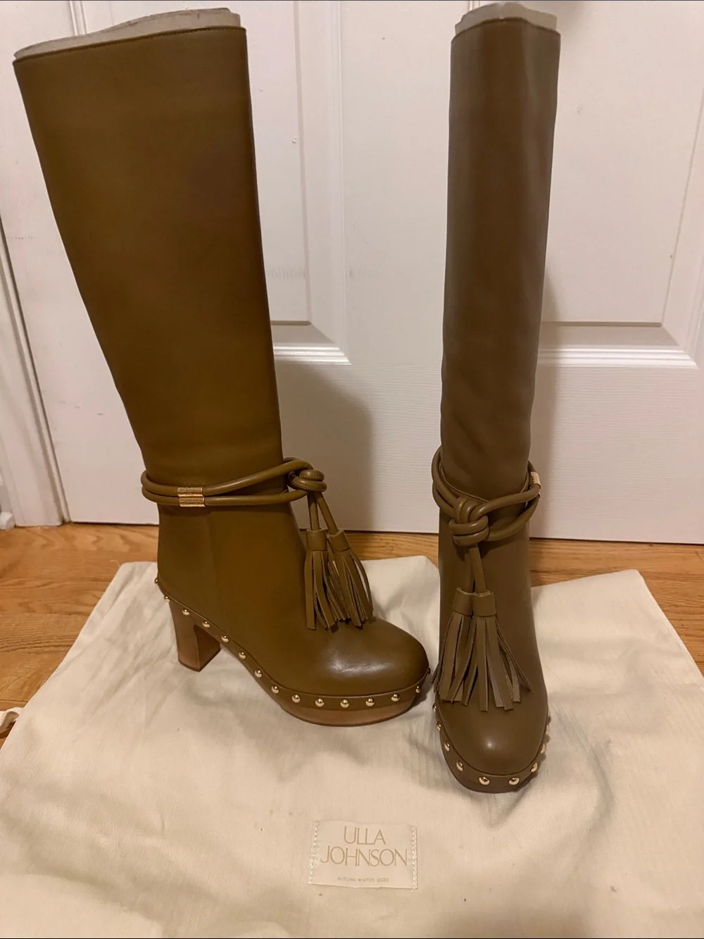 Ulla Johnson Olive-Tan Leather Knee-High Tassel Boots